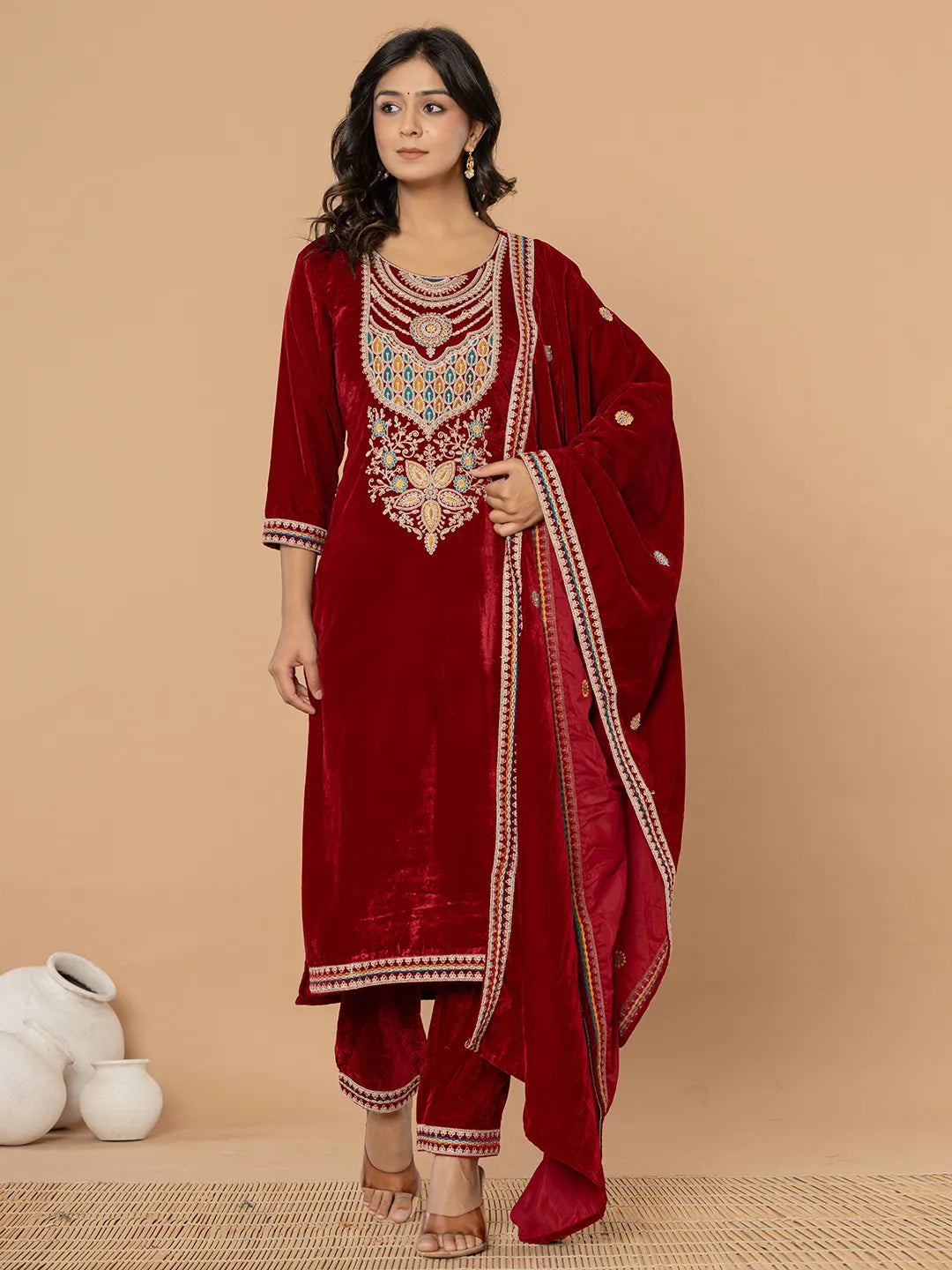 Yufta Maroon Velvet Embroidered A Have Cotton Lining Kurta Dupatta Set | Grocsy