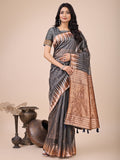 Monjolika Fashion Grey Woven Linen Silk Blend Saree with Metallic Striped Border | Grocsy