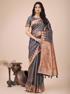 Monjolika Fashion Grey Woven Linen Silk Blend Saree with Metallic Striped Border | Grocsy