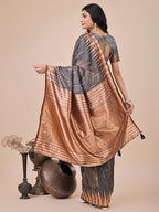 Monjolika Fashion Grey Woven Linen Silk Blend Saree with Metallic Striped Border | Grocsy