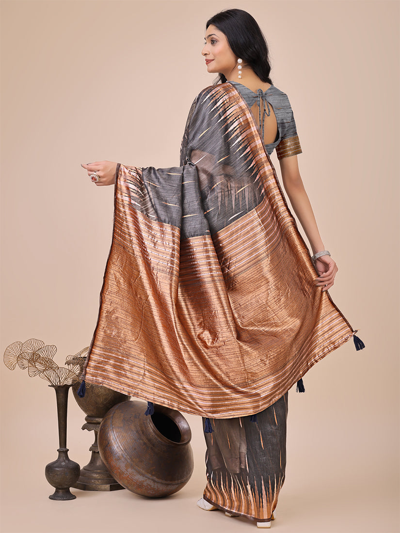 Monjolika Fashion Grey Woven Linen Silk Blend Saree with Metallic Striped Border | Grocsy