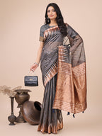 Monjolika Fashion Grey Woven Linen Silk Blend Saree with Metallic Striped Border | Grocsy