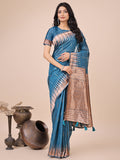 Monjolika Fashion Teal Blue Woven Linen Silk Blend Saree with Metallic Striped Border | Grocsy