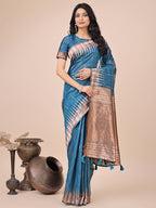 Monjolika Fashion Teal Blue Woven Linen Silk Blend Saree with Metallic Striped Border | Grocsy