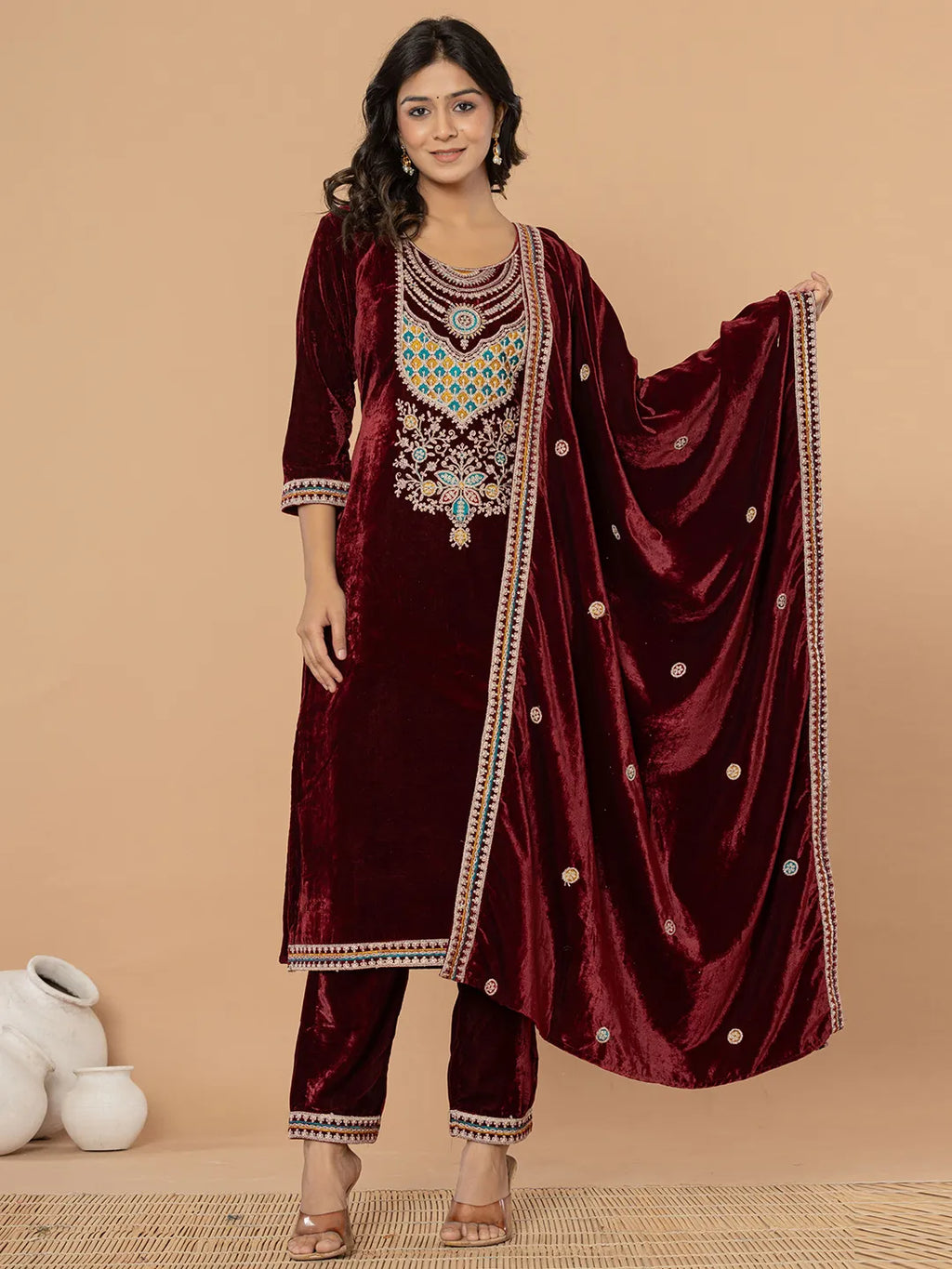 Yufta Burgundy Velvet Embroidered A Have Cotton Lining Kurta Dupatta Set | Grocsy
