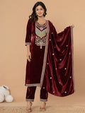 Yufta Burgundy Velvet Embroidered A Have Cotton Lining Kurta Dupatta Set | Grocsy