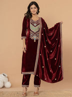 Yufta Burgundy Velvet Embroidered A Have Cotton Lining Kurta Dupatta Set | Grocsy