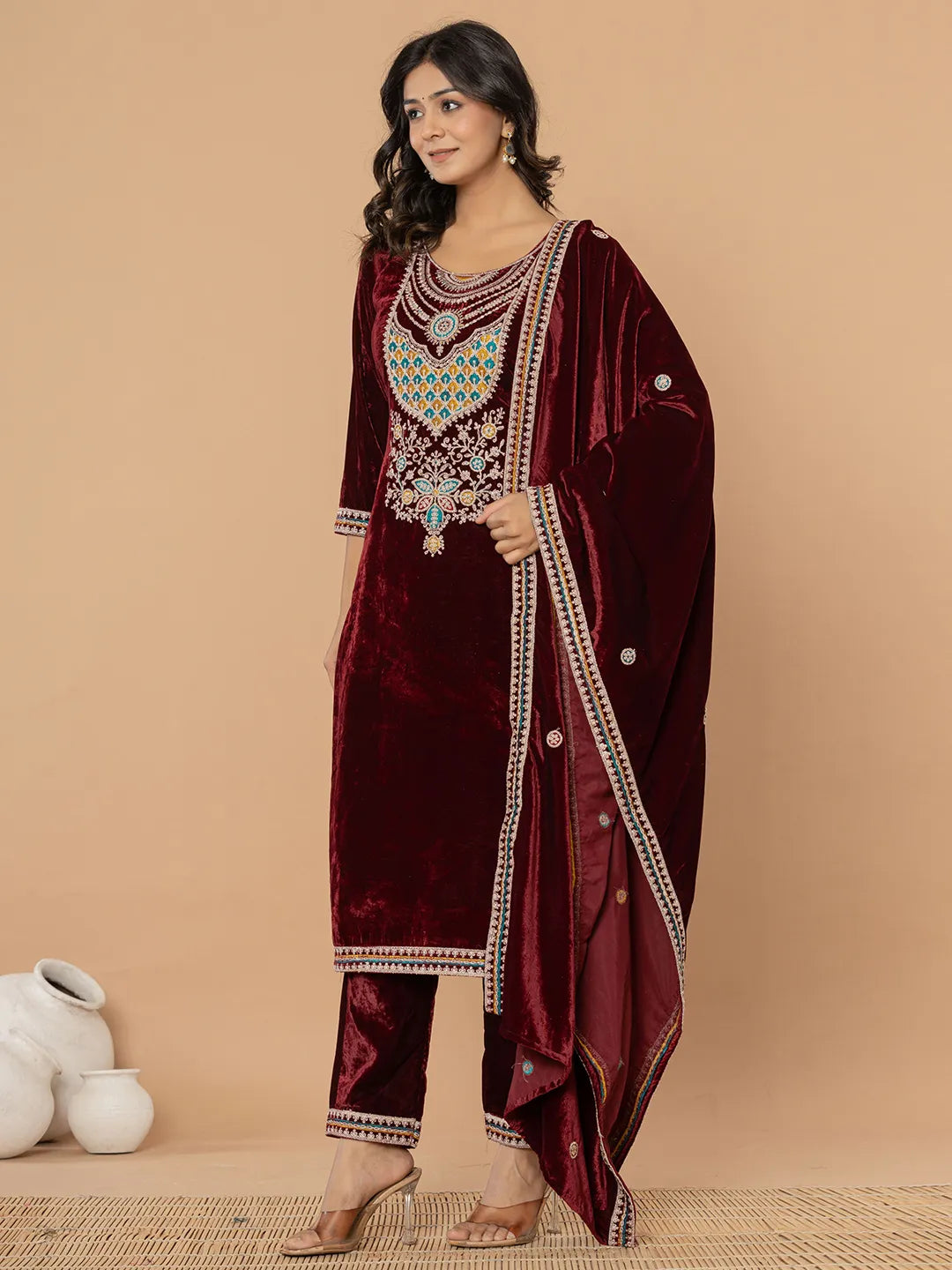 Yufta Burgundy Velvet Embroidered A Have Cotton Lining Kurta Dupatta Set | Grocsy