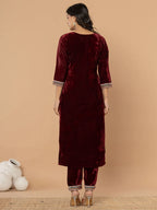 Yufta Burgundy Velvet Embroidered A Have Cotton Lining Kurta Dupatta Set | Grocsy