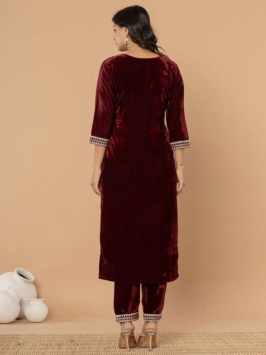 Yufta Burgundy Velvet Embroidered A Have Cotton Lining Kurta Dupatta Set | Grocsy