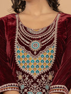 Yufta Burgundy Velvet Embroidered A Have Cotton Lining Kurta Dupatta Set | Grocsy