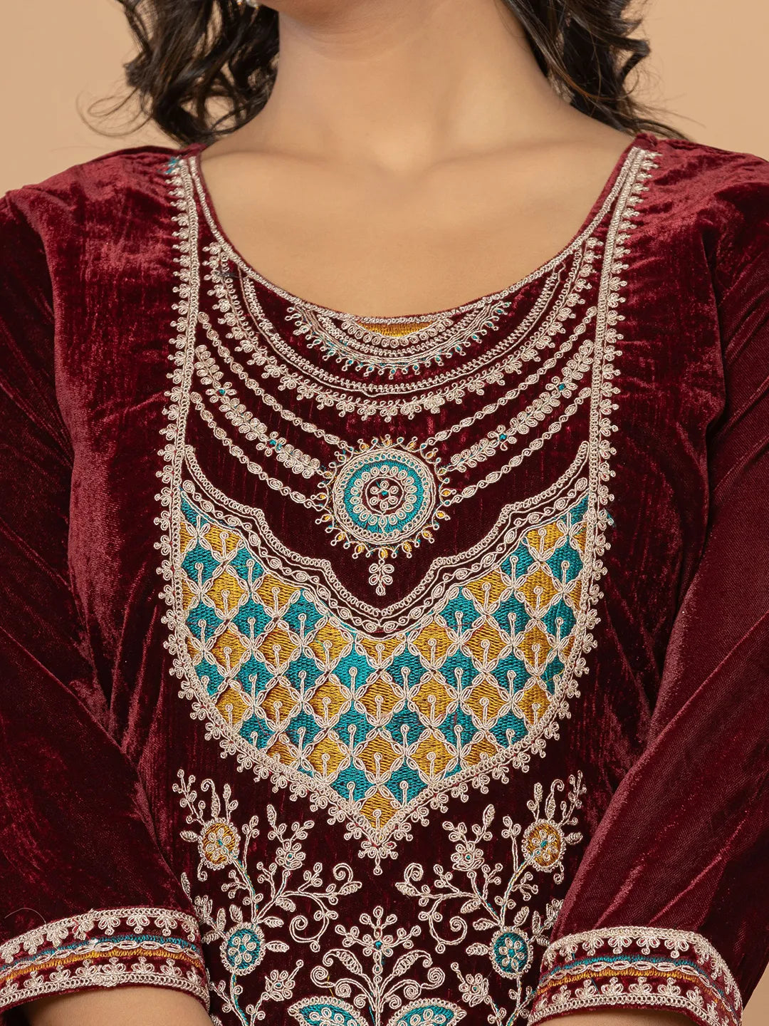 Yufta Burgundy Velvet Embroidered A Have Cotton Lining Kurta Dupatta Set | Grocsy