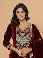 Yufta Burgundy Velvet Embroidered A Have Cotton Lining Kurta Dupatta Set | Grocsy