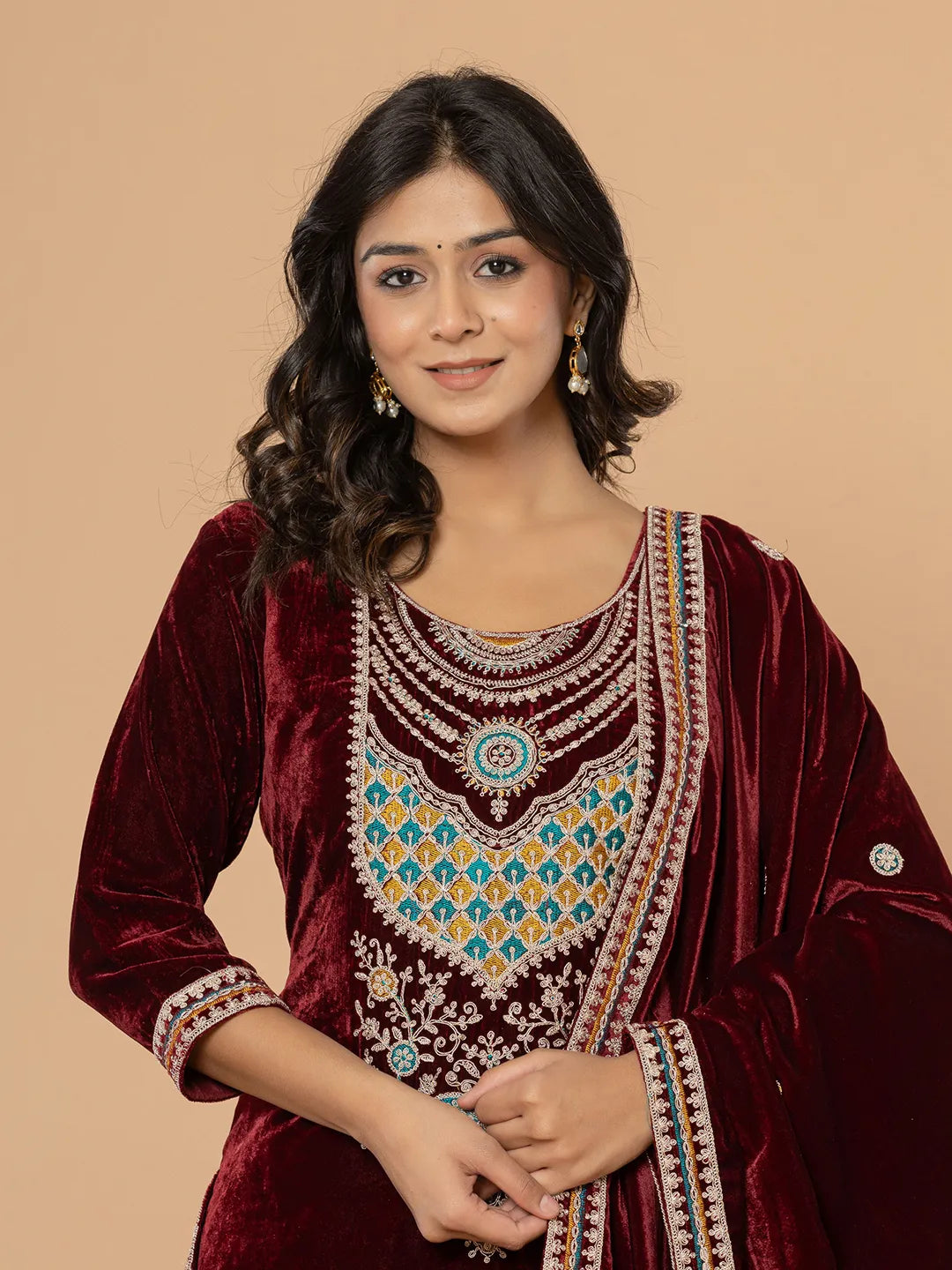 Yufta Burgundy Velvet Embroidered A Have Cotton Lining Kurta Dupatta Set | Grocsy