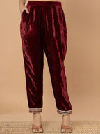 Yufta Burgundy Velvet Embroidered A Have Cotton Lining Kurta Dupatta Set | Grocsy
