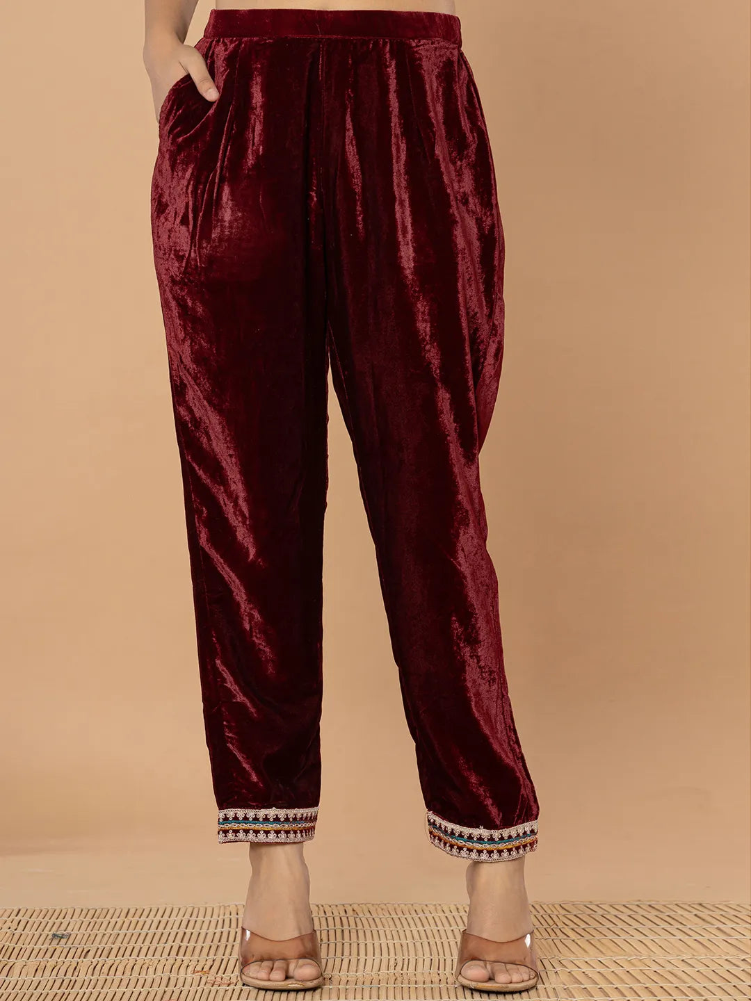 Yufta Burgundy Velvet Embroidered A Have Cotton Lining Kurta Dupatta Set | Grocsy