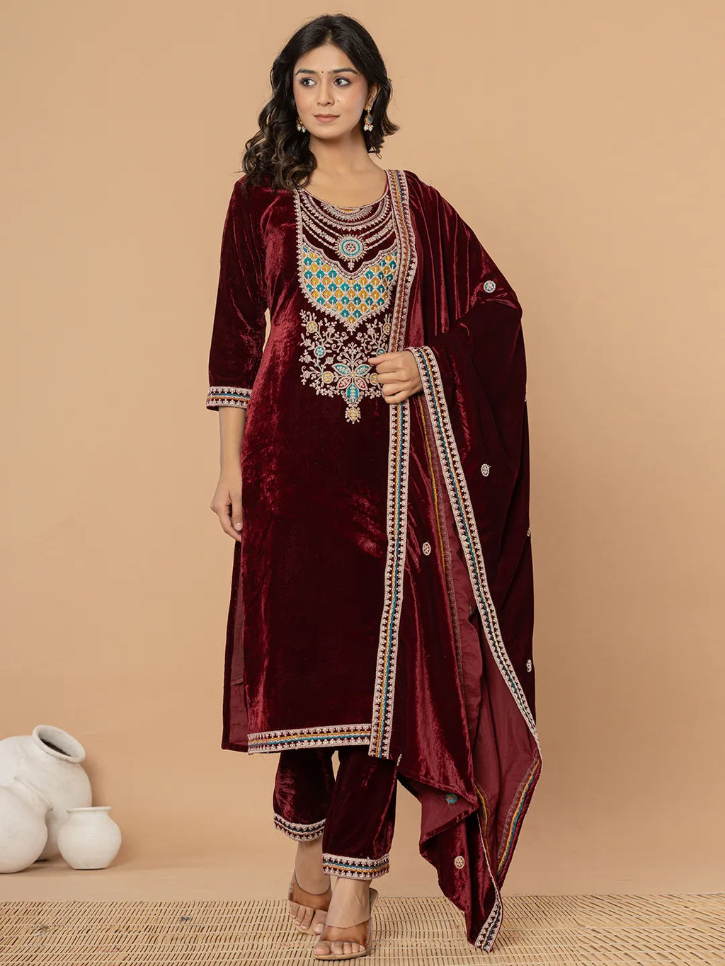 Yufta Burgundy Velvet Embroidered A Have Cotton Lining Kurta Dupatta Set | Grocsy