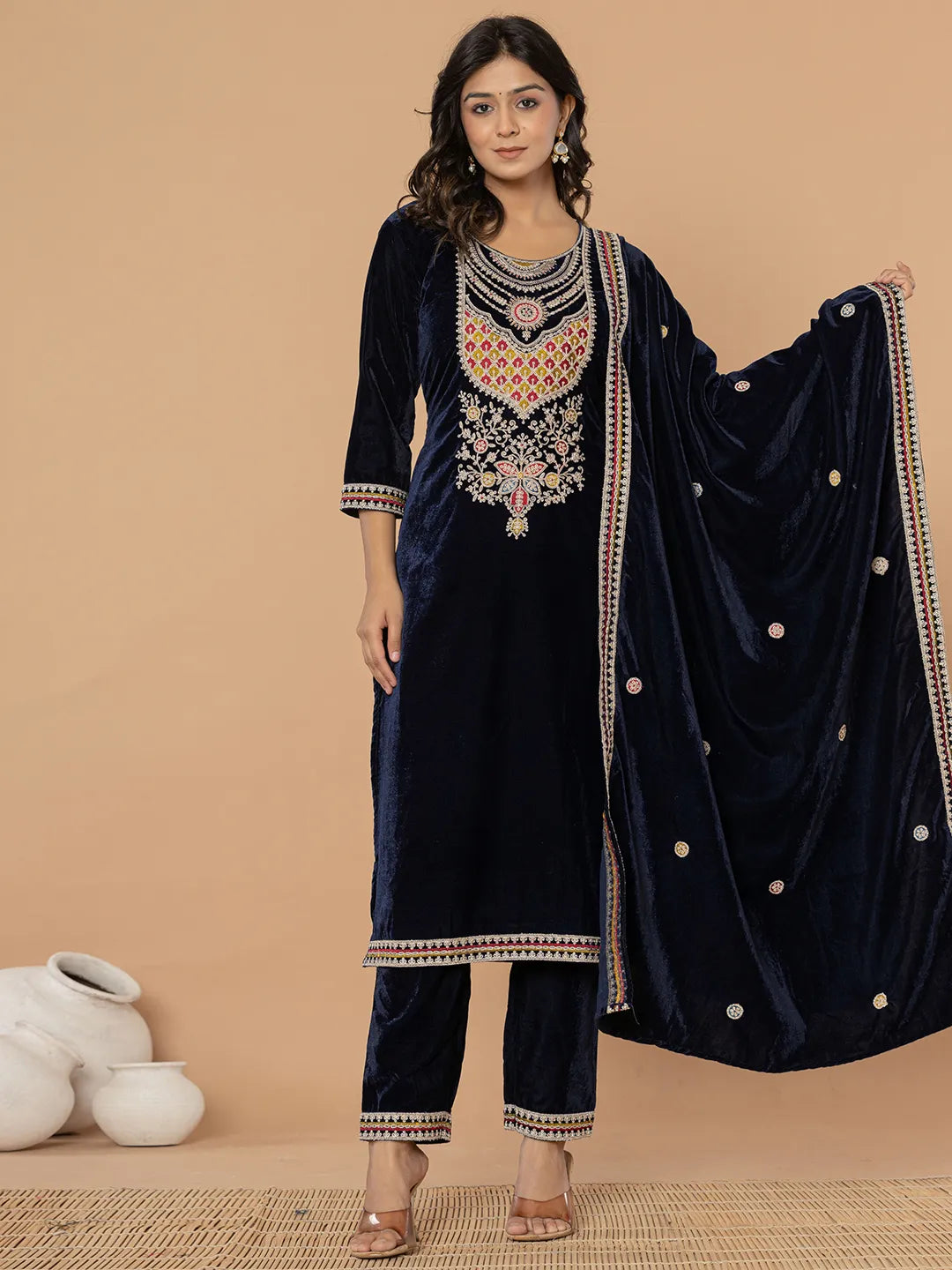 Yufta Navy Blue Velvet Embroidered A Have Cotton Lining Kurta Dupatta Set | Grocsy