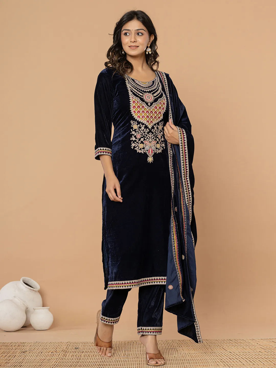 Yufta Navy Blue Velvet Embroidered A Have Cotton Lining Kurta Dupatta Set | Grocsy