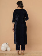 Yufta Navy Blue Velvet Embroidered A Have Cotton Lining Kurta Dupatta Set | Grocsy