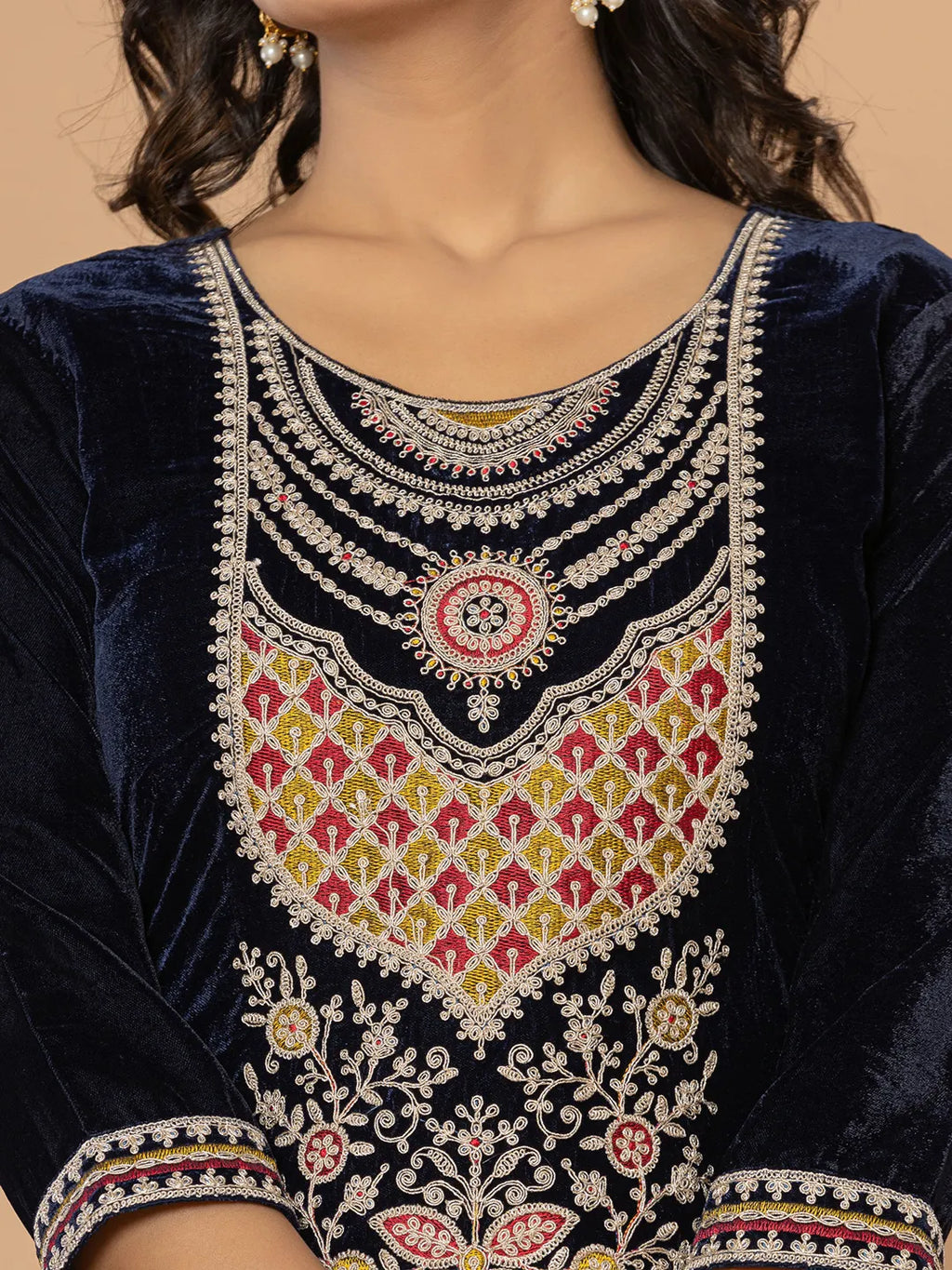 Yufta Navy Blue Velvet Embroidered A Have Cotton Lining Kurta Dupatta Set | Grocsy