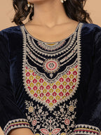 Yufta Navy Blue Velvet Embroidered A Have Cotton Lining Kurta Dupatta Set | Grocsy