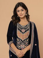 Yufta Navy Blue Velvet Embroidered A Have Cotton Lining Kurta Dupatta Set | Grocsy