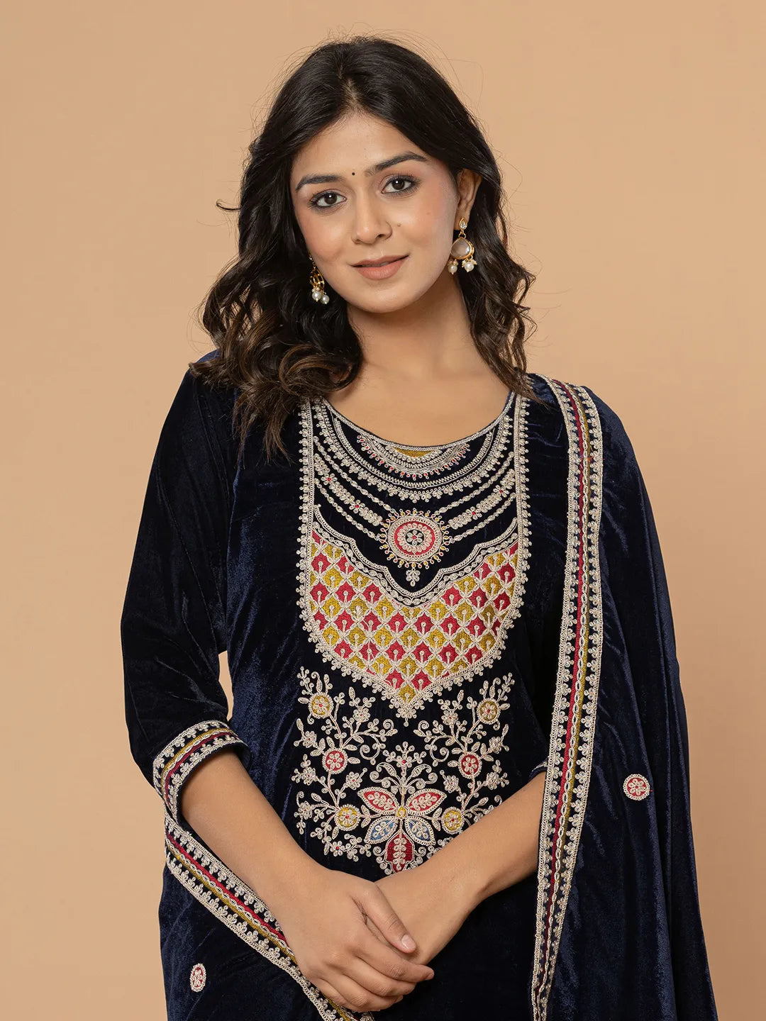 Yufta Navy Blue Velvet Embroidered A Have Cotton Lining Kurta Dupatta Set | Grocsy