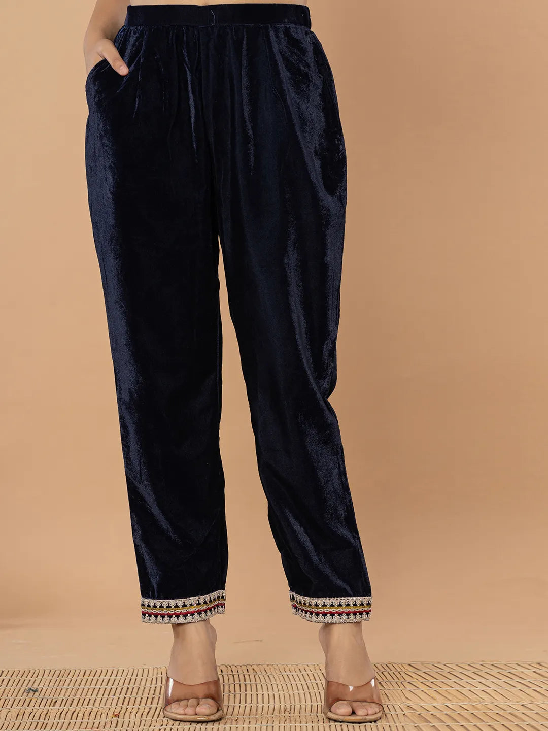 Yufta Navy Blue Velvet Embroidered A Have Cotton Lining Kurta Dupatta Set | Grocsy