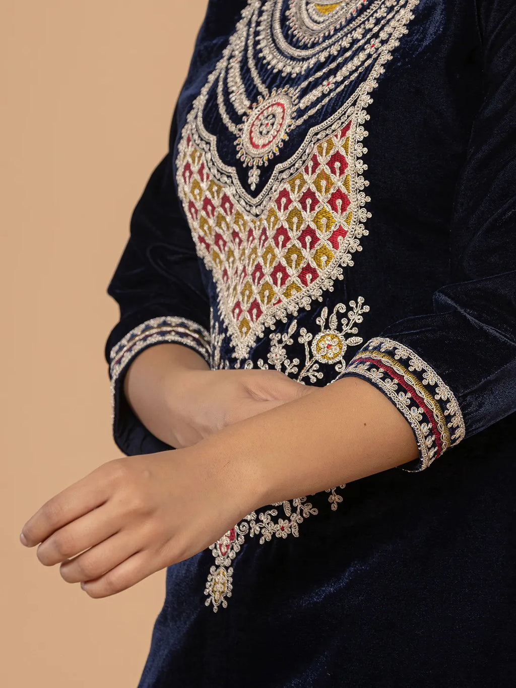 Yufta Navy Blue Velvet Embroidered A Have Cotton Lining Kurta Dupatta Set | Grocsy