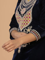 Yufta Navy Blue Velvet Embroidered A Have Cotton Lining Kurta Dupatta Set | Grocsy