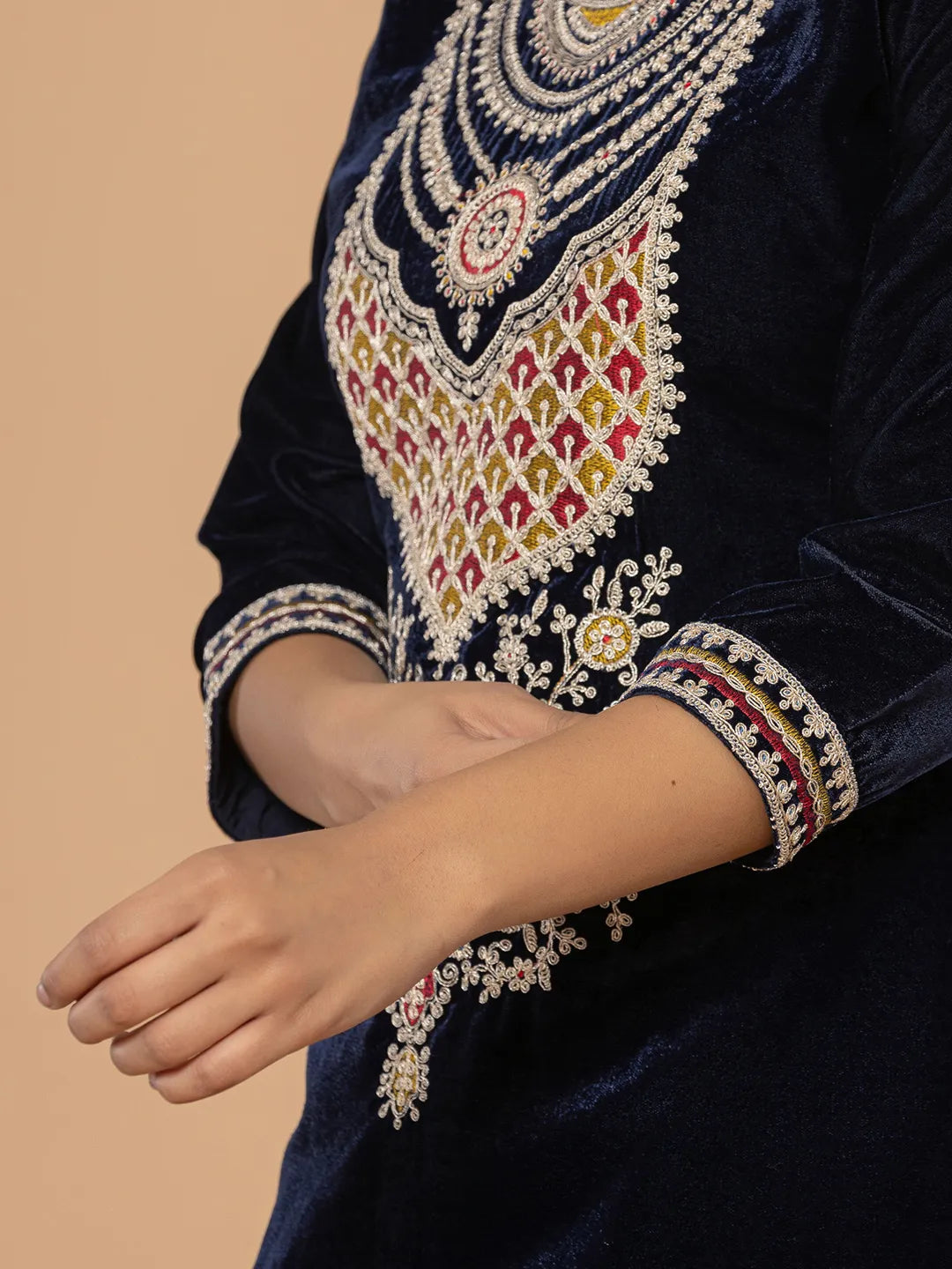 Yufta Navy Blue Velvet Embroidered A Have Cotton Lining Kurta Dupatta Set | Grocsy