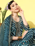 Sangria Women Leheriya Printed Regular Thread Work Kurta with Trousers & With Dupatta | Grocsy