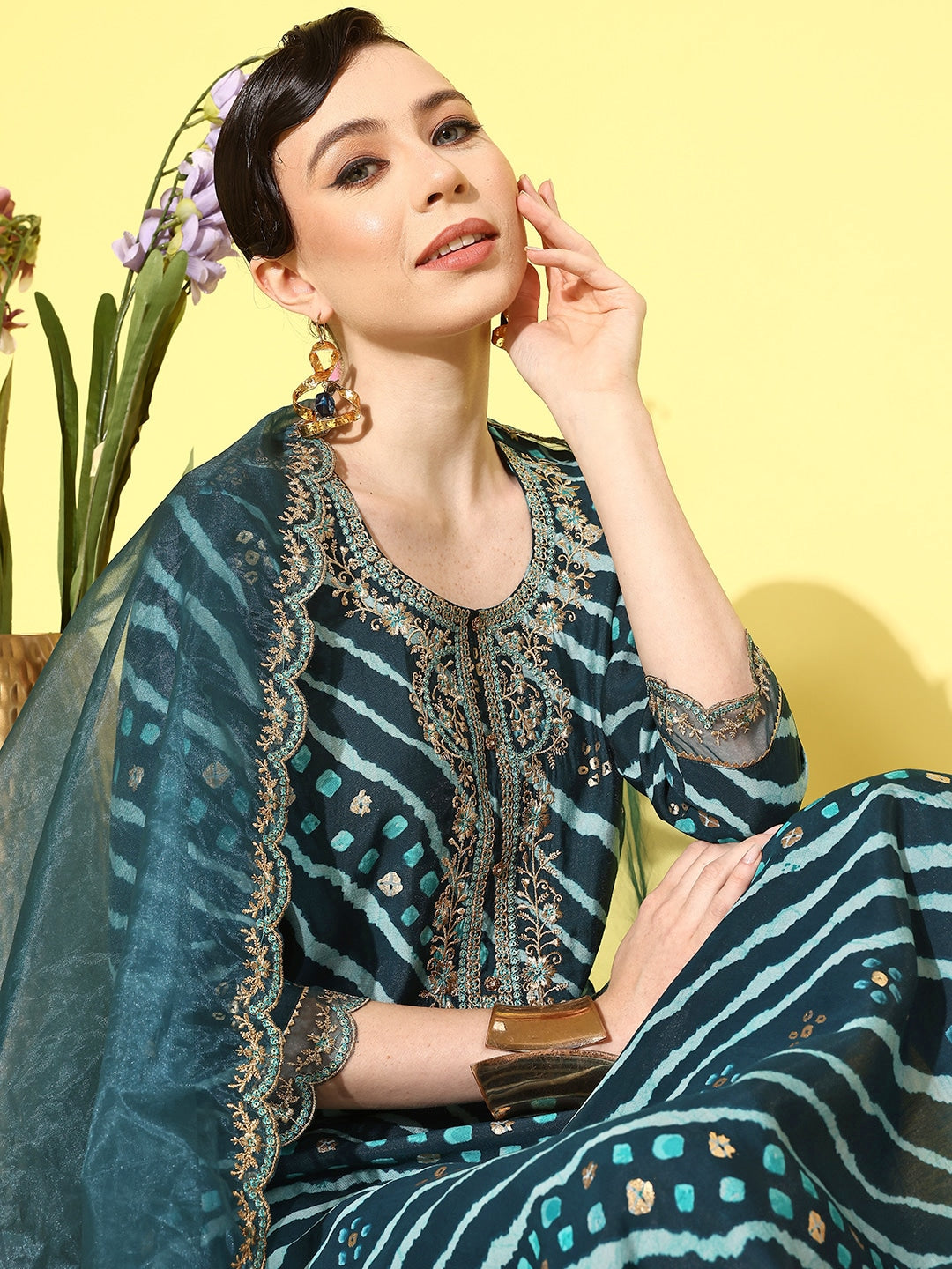 Sangria Women Leheriya Printed Regular Thread Work Kurta with Trousers & With Dupatta | Grocsy