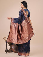 Monjolika Fashion Navy Blue Woven Linen Silk Blend Saree with Metallic Striped Border | Grocsy