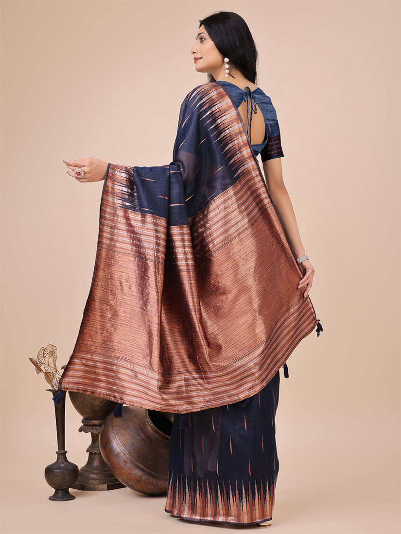 Monjolika Fashion Navy Blue Woven Linen Silk Blend Saree with Metallic Striped Border | Grocsy