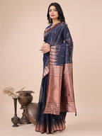 Monjolika Fashion Navy Blue Woven Linen Silk Blend Saree with Metallic Striped Border | Grocsy