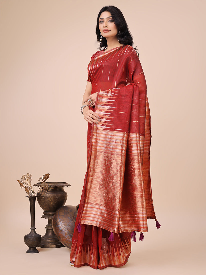 Monjolika Fashion Red Woven Linen Silk Blend Saree with Metallic Striped Border | Grocsy