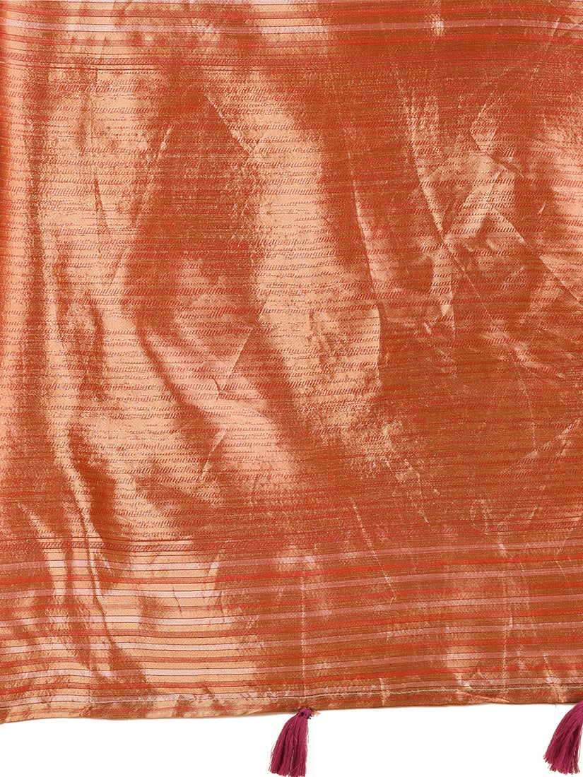 Monjolika Fashion Red Woven Linen Silk Blend Saree with Metallic Striped Border | Grocsy