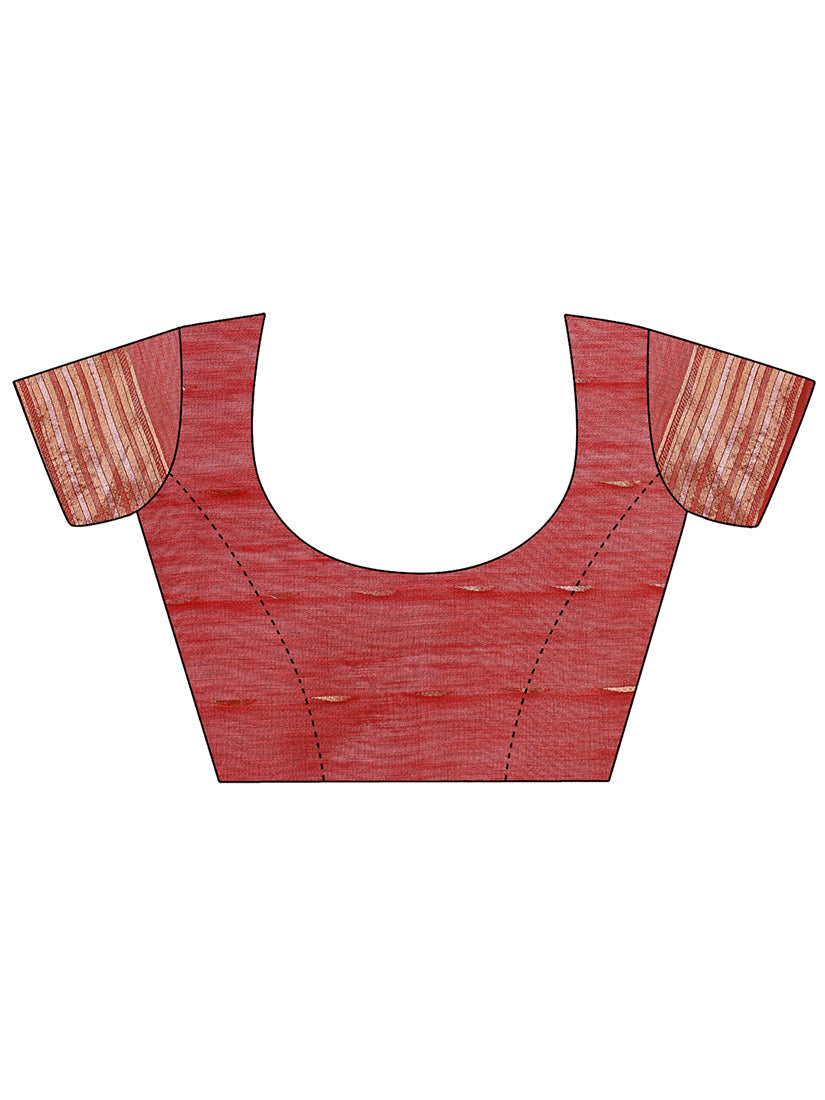 Monjolika Fashion Red Woven Linen Silk Blend Saree with Metallic Striped Border | Grocsy