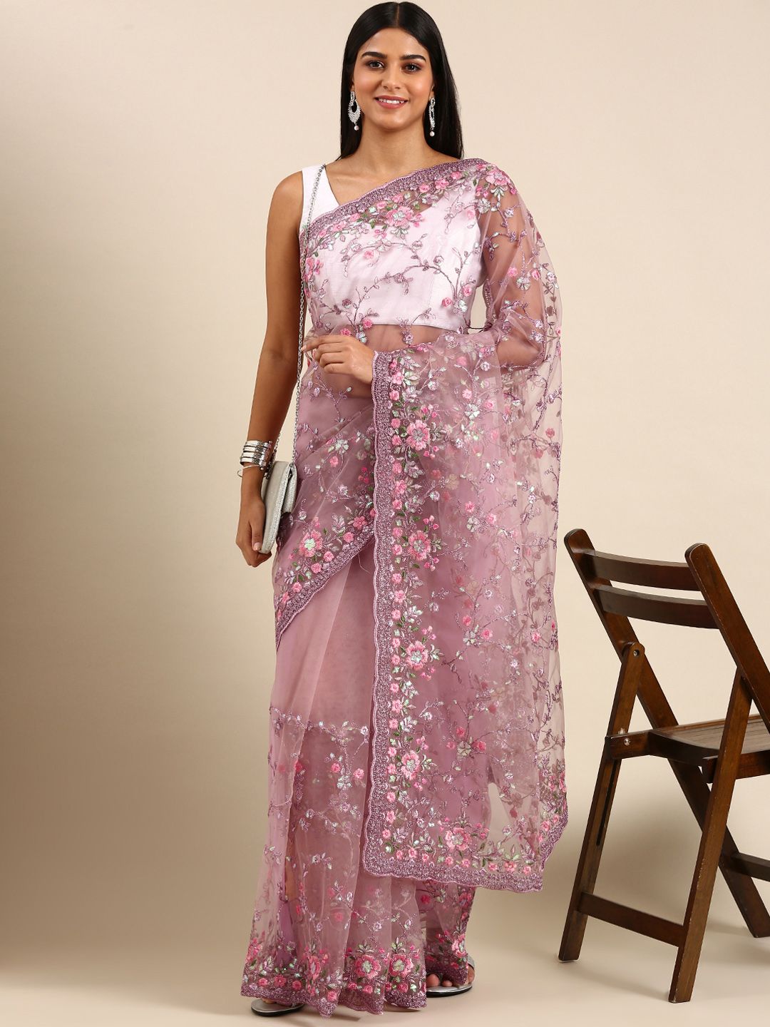 kasee Floral Embroidered Net Saree | Grocsy