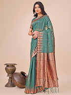 Monjolika Fashion Teal Green Woven Linen Silk Blend Saree with Metallic Striped Border | Grocsy