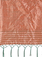 Monjolika Fashion Teal Green Woven Linen Silk Blend Saree with Metallic Striped Border | Grocsy