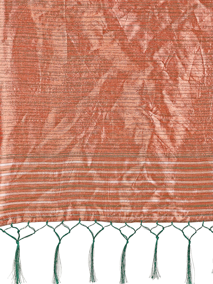 Monjolika Fashion Teal Green Woven Linen Silk Blend Saree with Metallic Striped Border | Grocsy