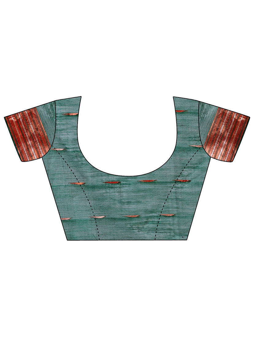 Monjolika Fashion Teal Green Woven Linen Silk Blend Saree with Metallic Striped Border | Grocsy