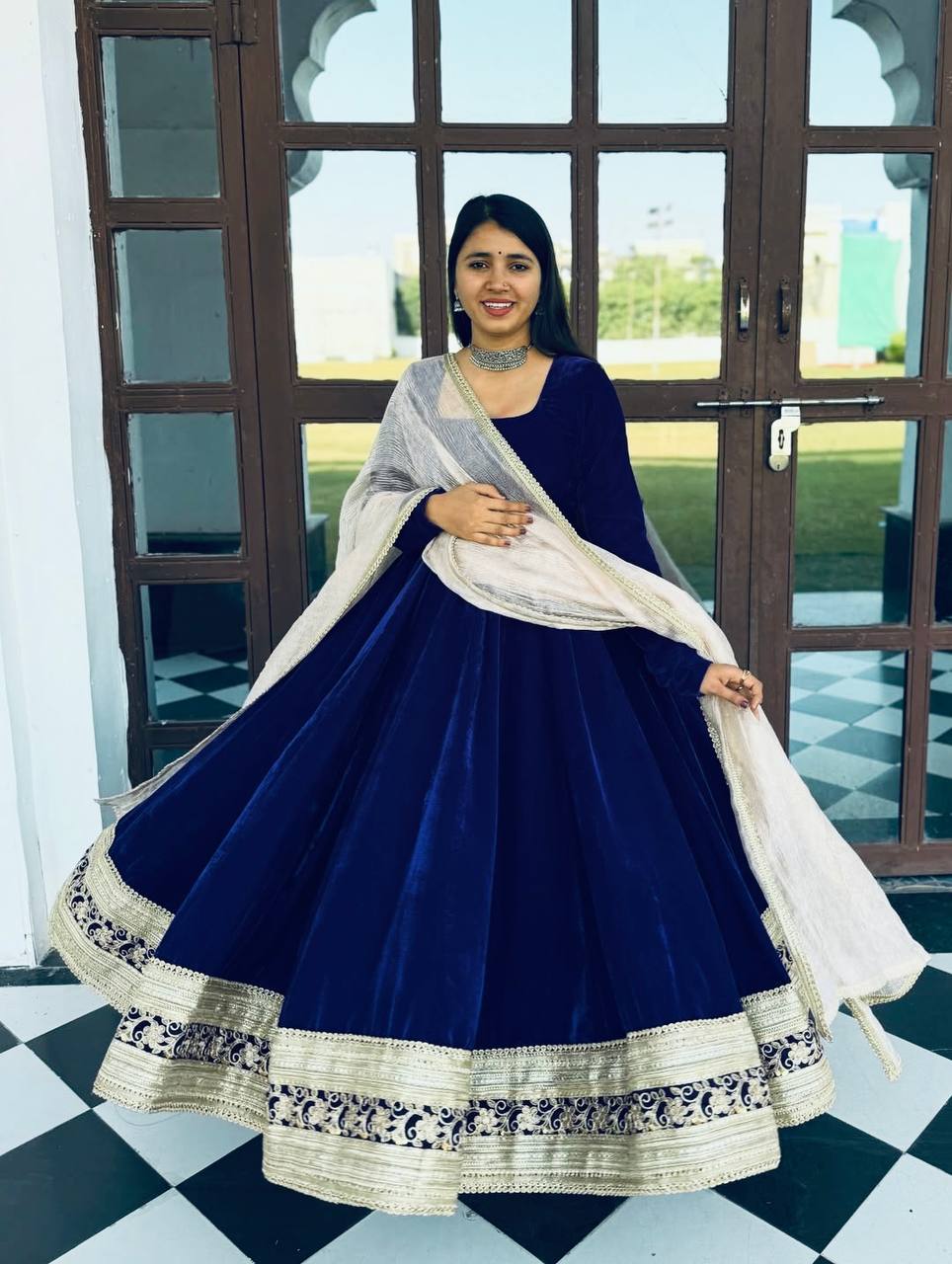 Yash Enterprise Blue Viscose Velvet Party Wear Embroidery Suit Set | Grocsy