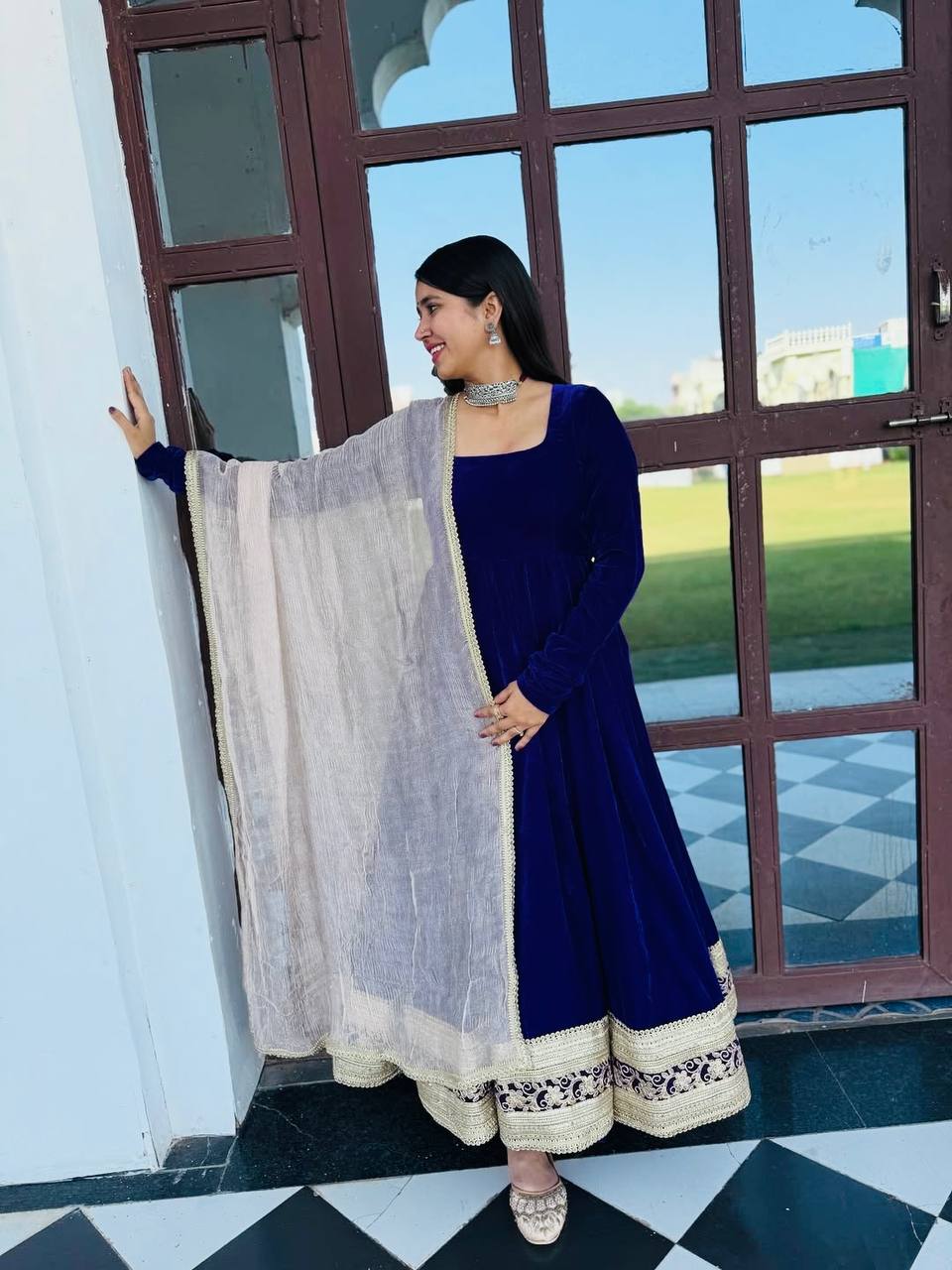 Yash Enterprise Blue Viscose Velvet Party Wear Embroidery Suit Set | Grocsy