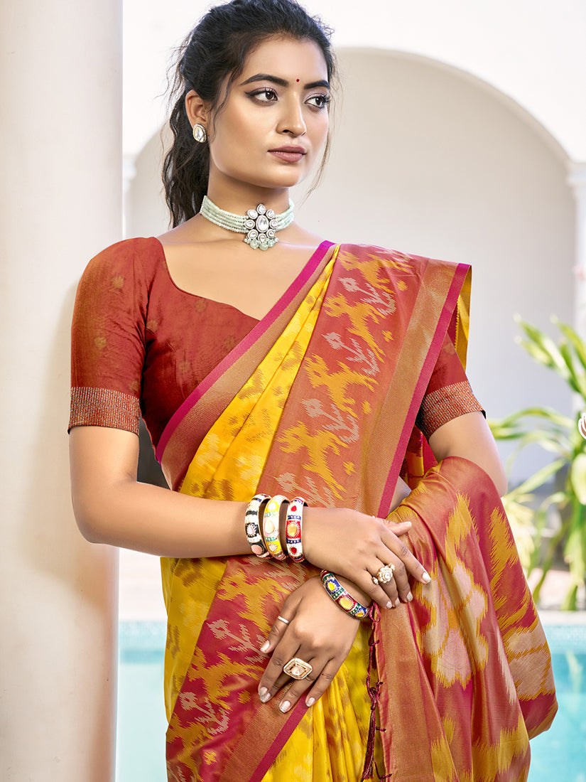 Monjolika Fashion Mustard & Maroon Woven Pochampally Silk Blend Saree with Unstitched Blouse Piece | Grocsy