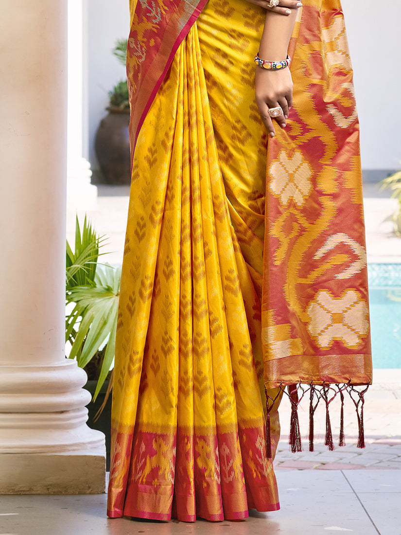 Monjolika Fashion Mustard & Maroon Woven Pochampally Silk Blend Saree with Unstitched Blouse Piece | Grocsy