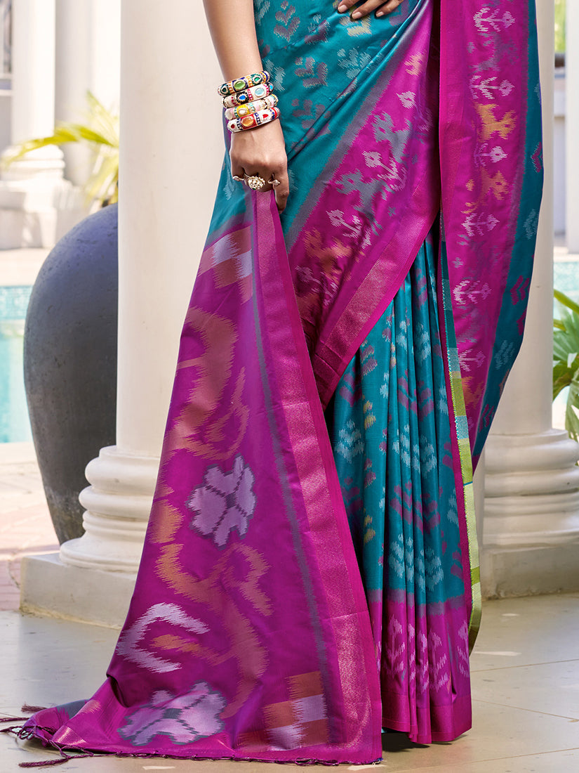 Monjolika Fashion Teal Blue & Magenta Woven Pochampally Silk Blend Saree with Unstitched Blouse Piece | Grocsy